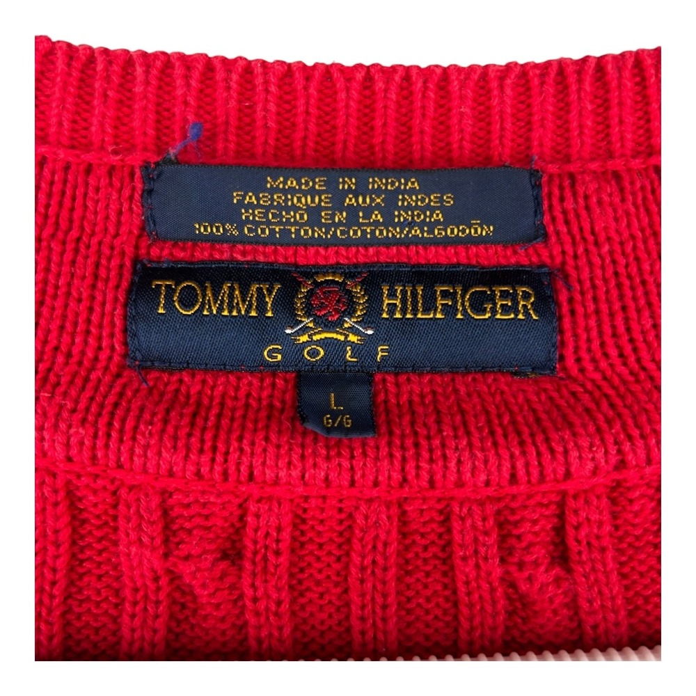 Tommy Hilfiger Golf Chunky Cable Knit V Neck Sweater Y2K Fisherman Mens Large - Picture 6 of 9